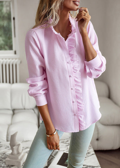 Striped Long Sleeve Shirt Fashion Ruffle Design Button Up Tops Casual Office Blouse Elegant Commuting Women's Clothing A&S Collection