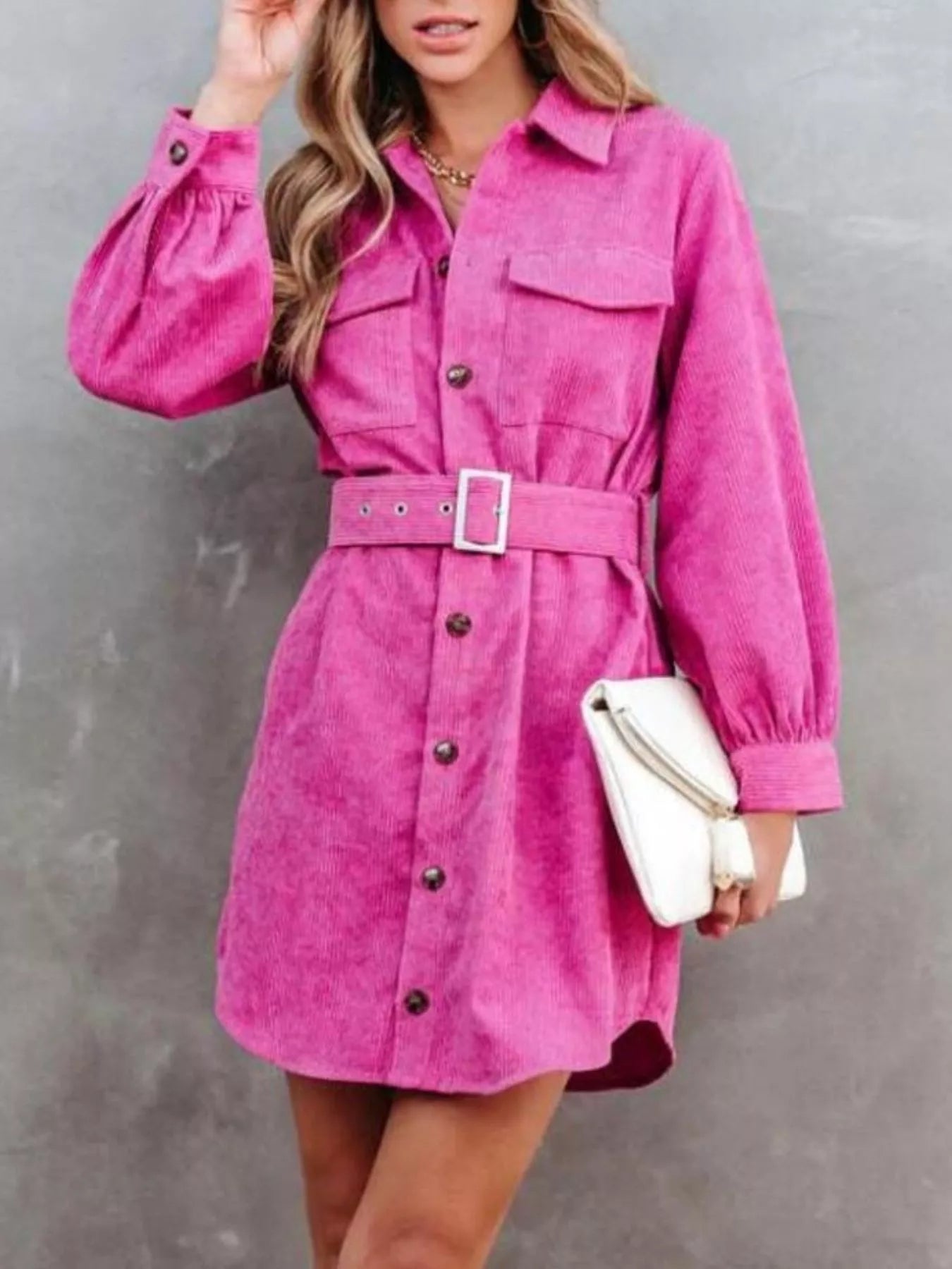 Button Front Belt Long Sleeve Corduroy Dress.
