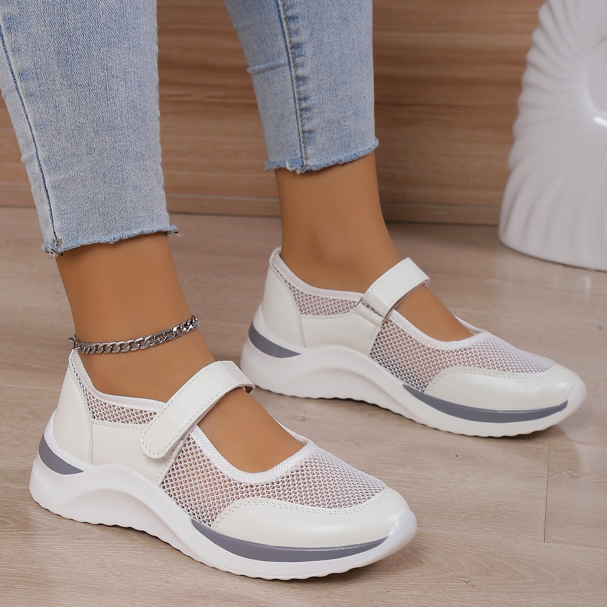 Women's Casual Thick Bottom Breathable Velcro Women's Mesh Surface Shoes A&S Collection