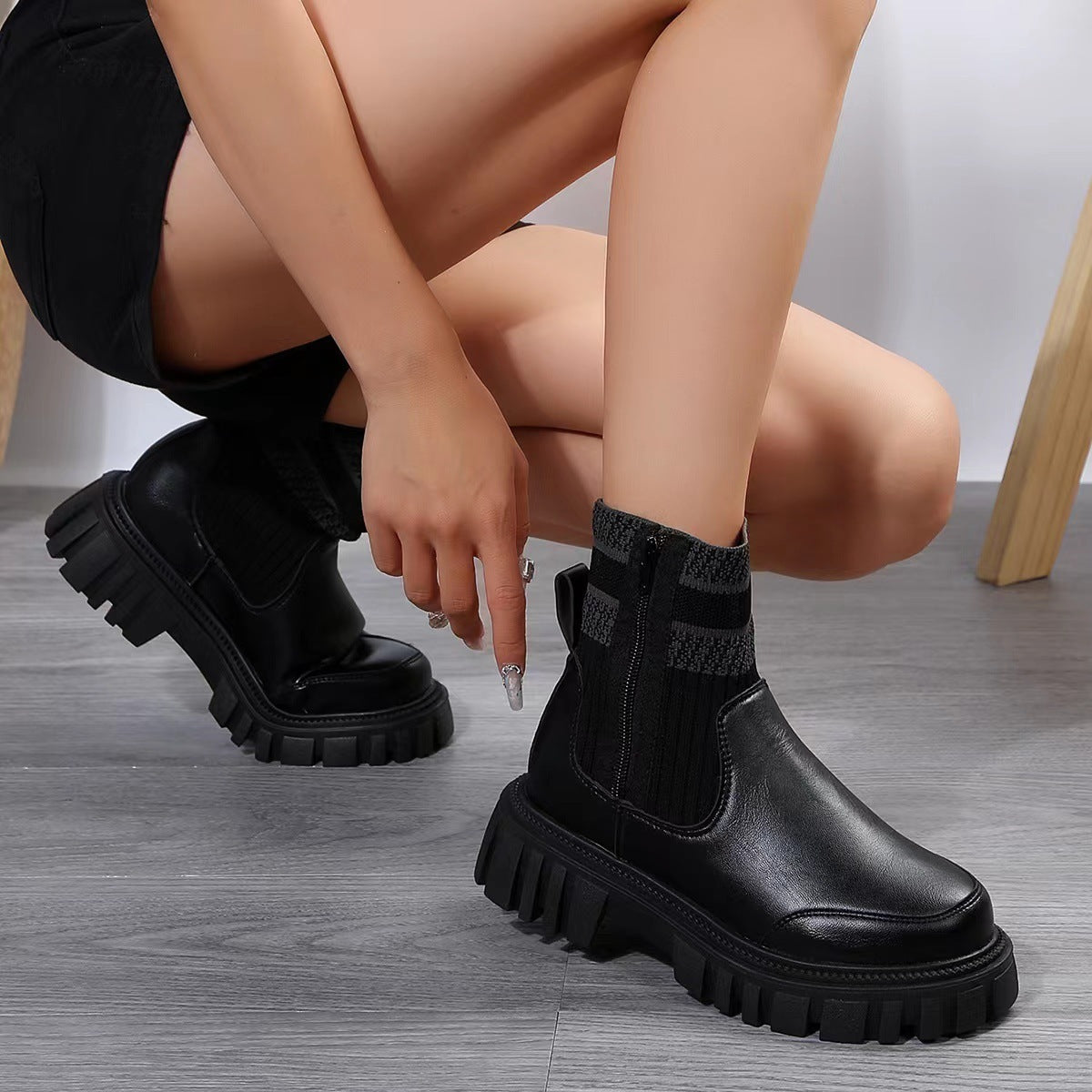 Fashion Mid-tube Boots With Zipper Design Non-slip Thick Sole Elastic Knitted Patchwork Boots For Women Round Toe Shoes Winter A&S Collection
