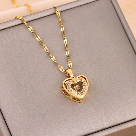 Double-layer Love Necklace With Rhinestones Titanium Steel Pendant Fashion Jewelry Woman Valentines Day Gift A&S Collection