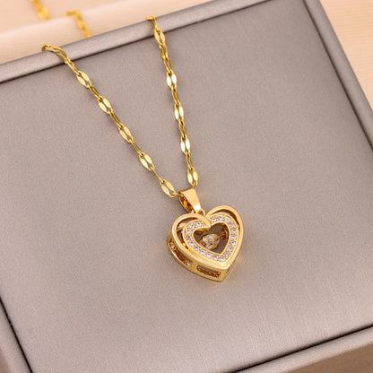 Double-layer Love Necklace With Rhinestones Titanium Steel Pendant Fashion Jewelry Woman Valentines Day Gift A&S Collection