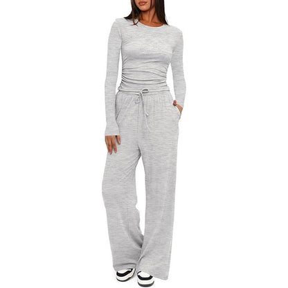 2 Pieces Women's Suit Autumn Winte Long Sleeve Tops High Waisted Wide Leg Pants Sportswear Female Clothes Solid Color Casual Suit.