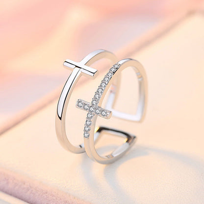 Double Cross Miniature Ring: Elegant Copper Design with Inlaid Zircon – Perfect for Adding a Touch of Sparkle and Sophistication to Any Look CJ