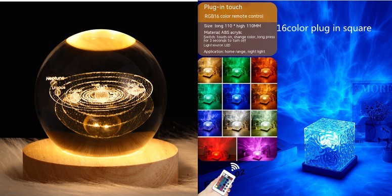 LED Water Ripple Ambient Night Light USB Rotating Projection Crystal Table Lamp RGB Dimmable Home Decoration 16 Color Gifts A&S Collection