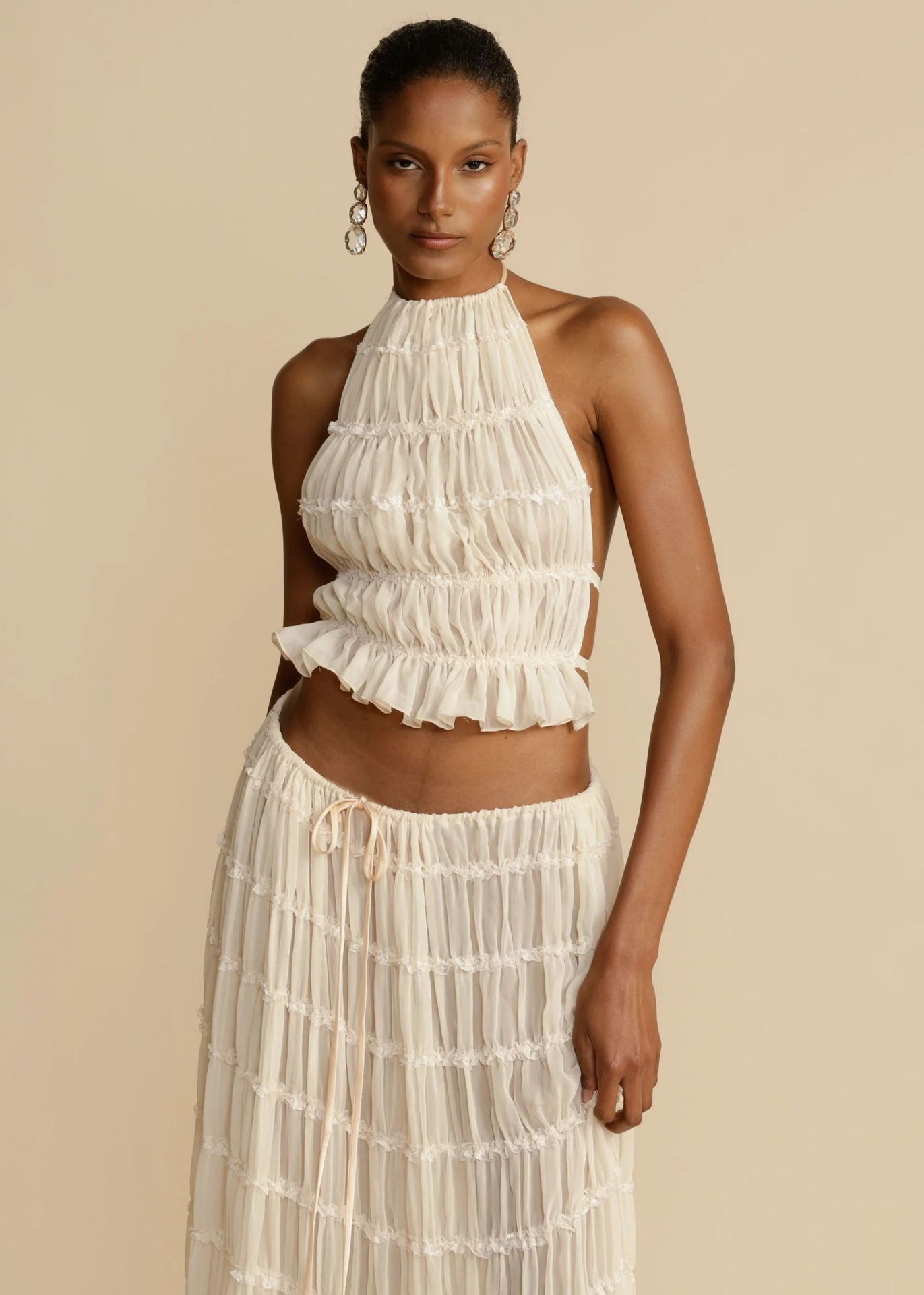 2pcs Women's Dress Suit Sexy Sleeveless Backless Cropped Halter Top And Pleated Long Skirt Beach Clothing A&S Collection