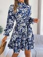 Standing Collar Floral Print Waist-controlled Long Sleeves Ruffled A-line Dresses For Women Spring Autumn Ruffle Edge Long Dress.