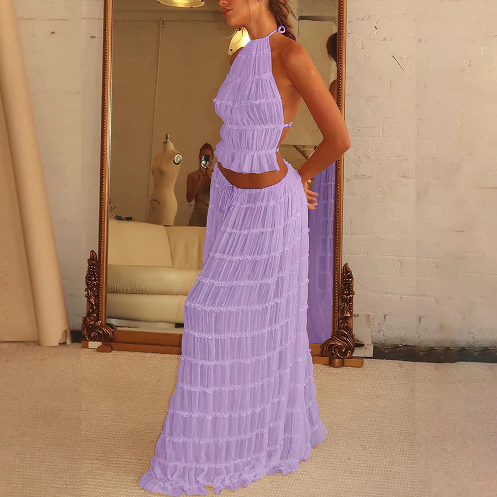 2pcs Women's Dress Suit Sexy Sleeveless Backless Cropped Halter Top And Pleated Long Skirt Beach Clothing A&S Collection