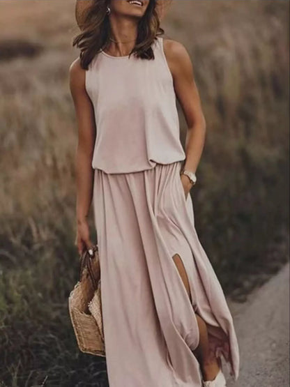 Full Size Round Neck Sleeveless Slit Maxi Dress Plus Size.