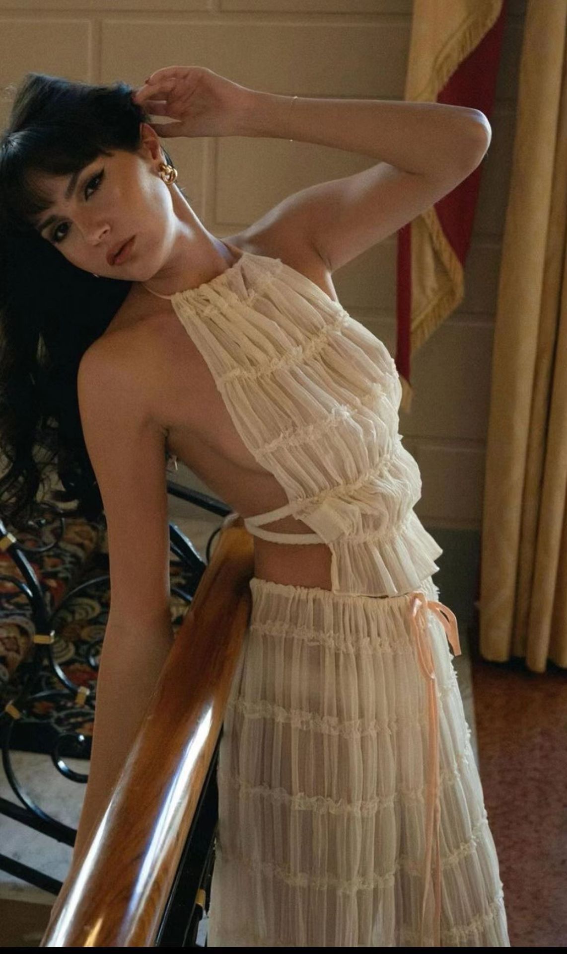 2pcs Women's Dress Suit Sexy Sleeveless Backless Cropped Halter Top And Pleated Long Skirt Beach Clothing A&S Collection