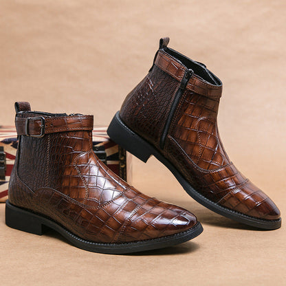 Men's Crocodile Pattern Boots Fashion Pointed Toe Low Square Heel Buckle Zipper Ankle Boots Business Formal Leather Shoes A&S Collection