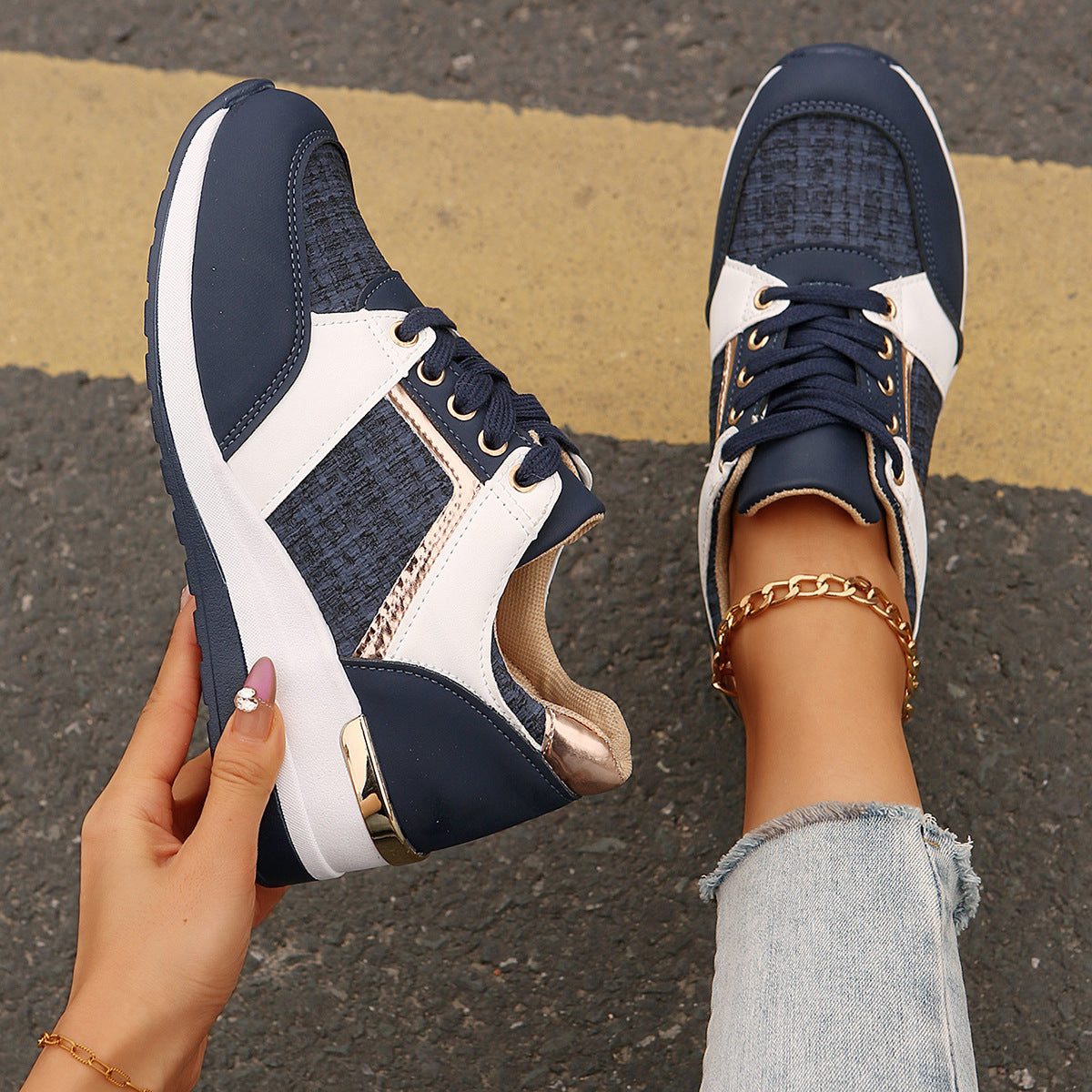 Chic Colorblock Lace-Up Sneakers: Fashionable, Thick-Soled Casual Sports Shoes for Women - Round Toe Slip-On Comfort A&S Collection