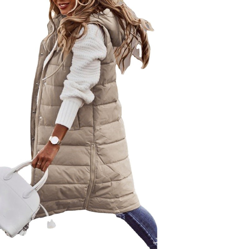 Solid color hooded single breasted medium long cotton-padded vest slim temperament cardigan coat top Hypersku