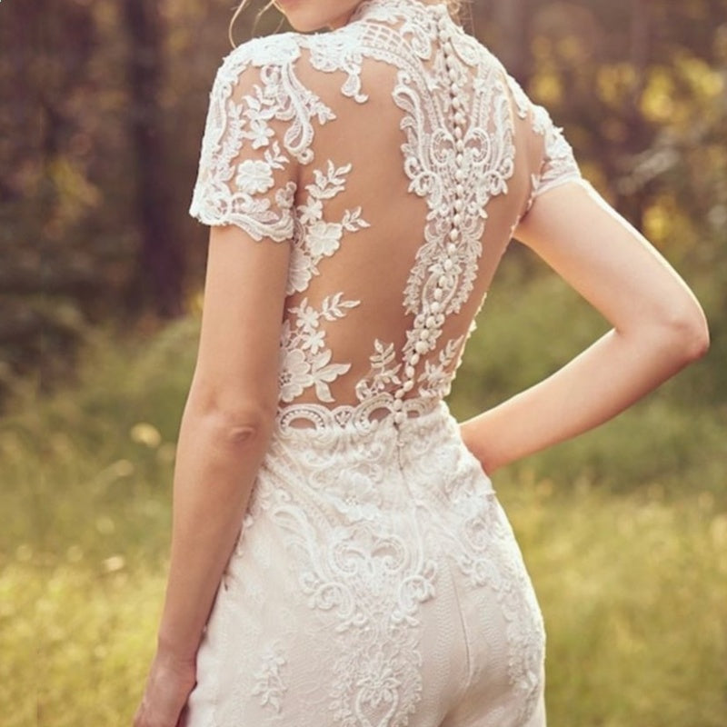 Bride Pants Suit Wedding Bridal Gowns Short Sleeve Jumpsuit A&S Collection