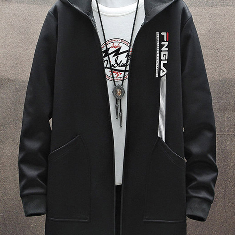 Tide brand Large Size Chinese style jacket Jacket Medium long hooded windbreaker male solid color printed long windbreaker male A&S Collection