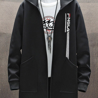 Tide brand Large Size Chinese style jacket Jacket Medium long hooded windbreaker male solid color printed long windbreaker male A&S Collection
