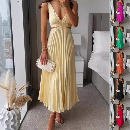 Ins Suspender Pleated Long Dress With Hollow-waisted Design Fashion V-neck Backless Dresses Summer Women's Clothing A&S Collection