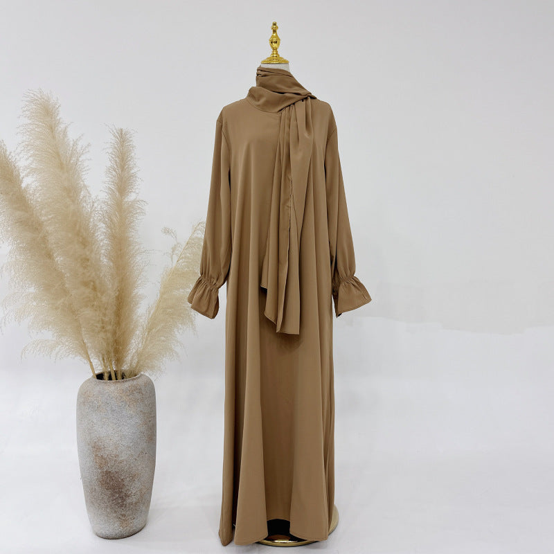 All flared sleeve dress- This elegant, long-sleeved dress features a sophisticated high neck with a draped scarf detail, perfect for a refined look. A&S Collection
