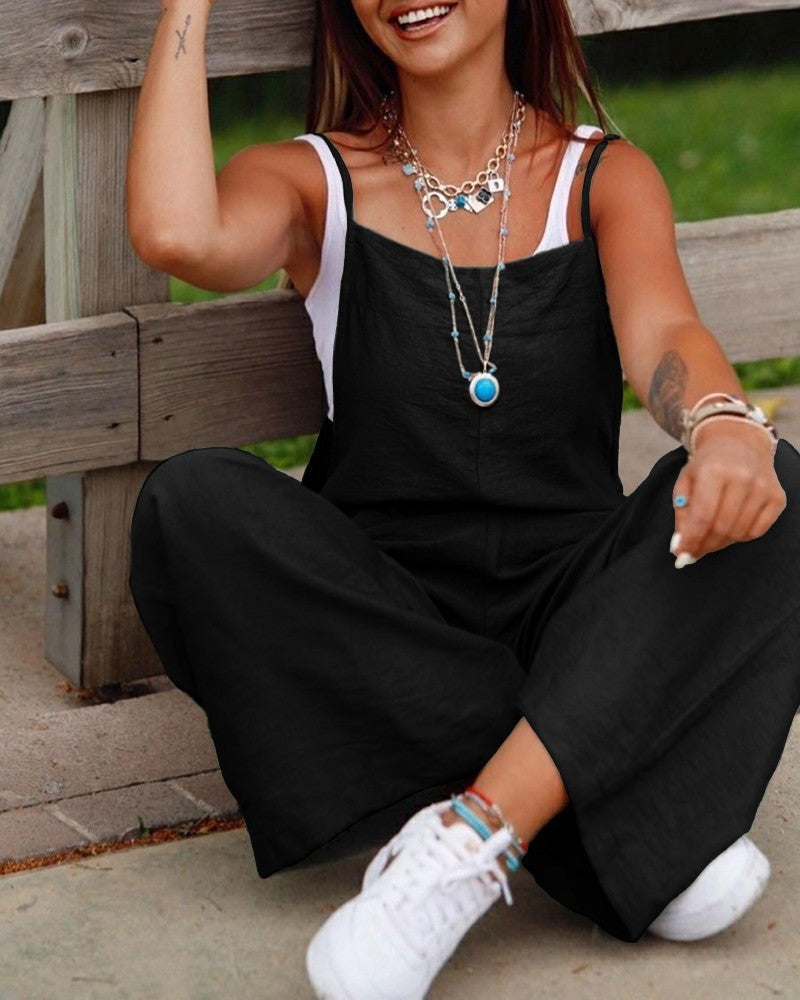 Women's Sleeveless Jumpsuit With Pockets And Adjustable Shoulder Strap Fashion Loose Wide Leg Straight Overalls Summer Beach Trousers A&S Collection