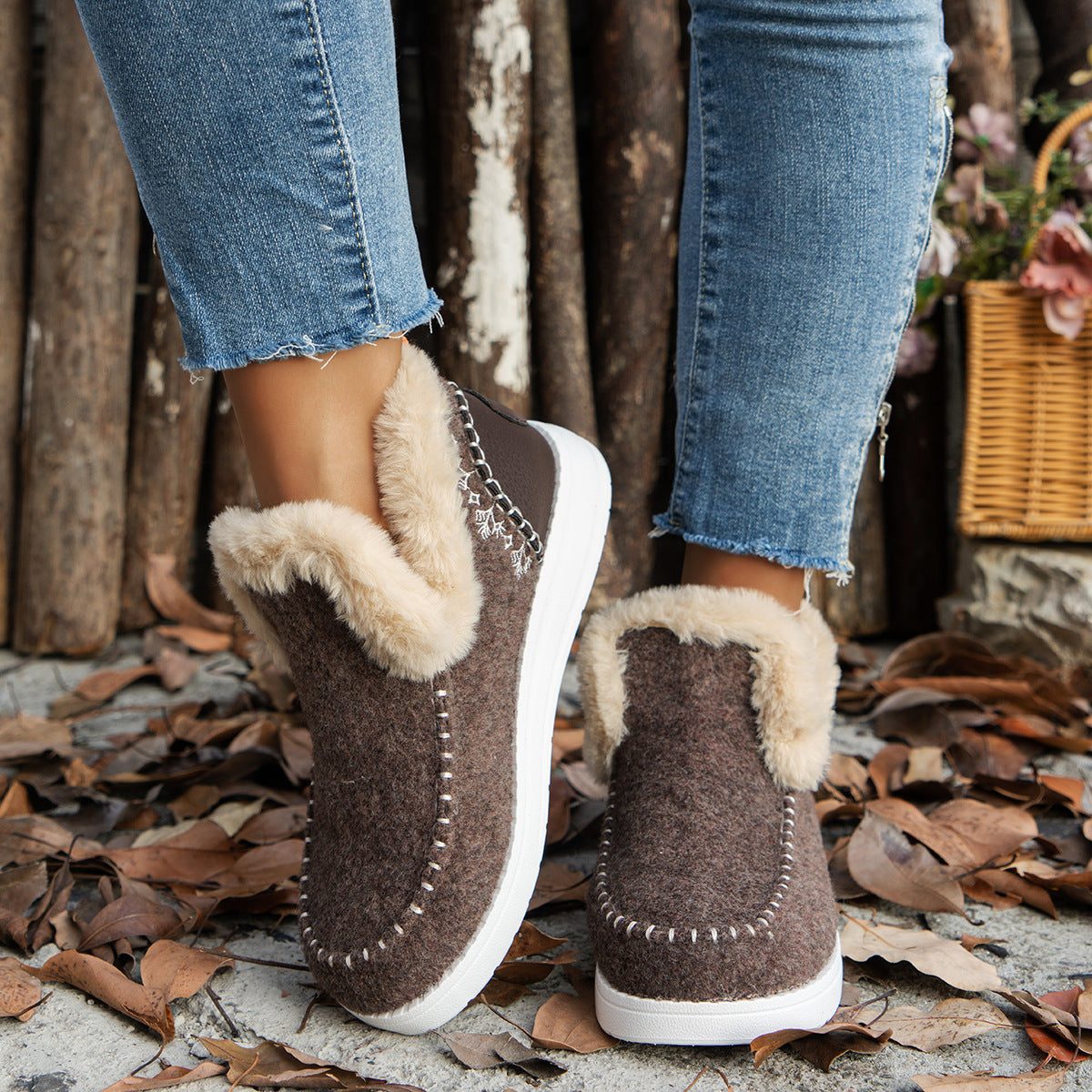 Plus Size Fleece-lined Thicker Raw Edge Warm Flat Bottom Cotton Shoes A&S Collection