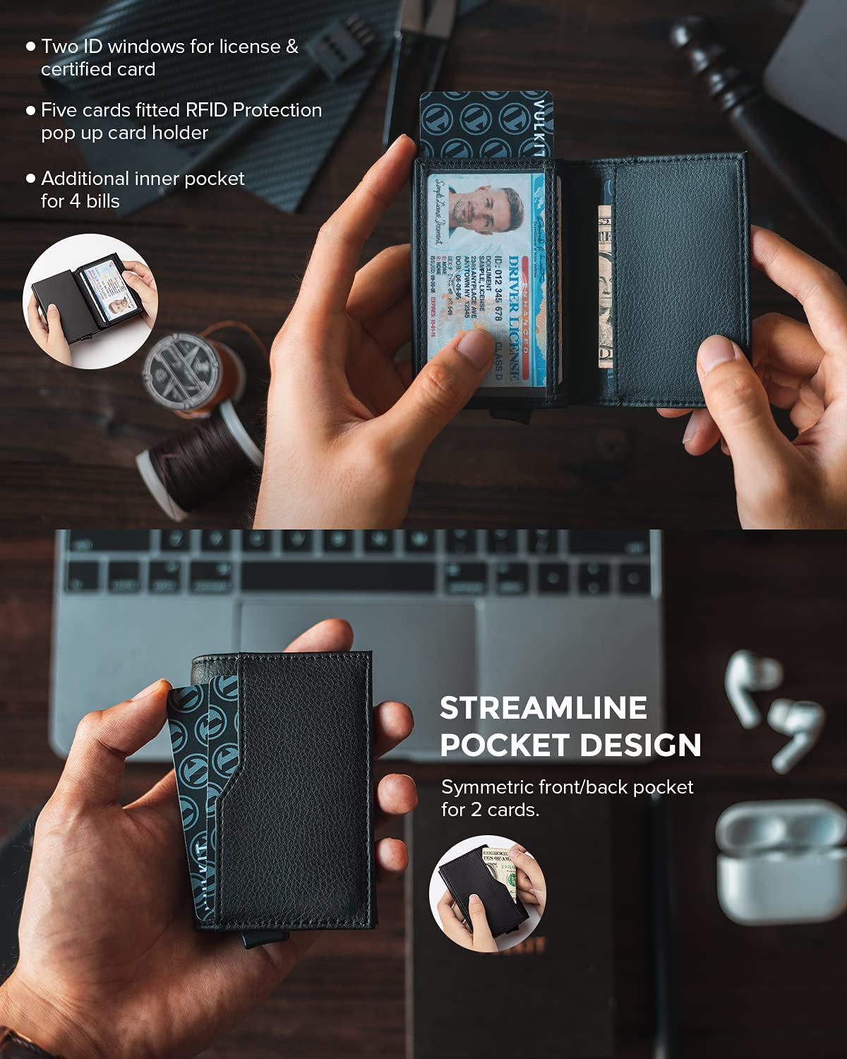 Credit Card Case With Double Id Window Rfid Blocking Automatic Leather Up Wallet A&S Collection
