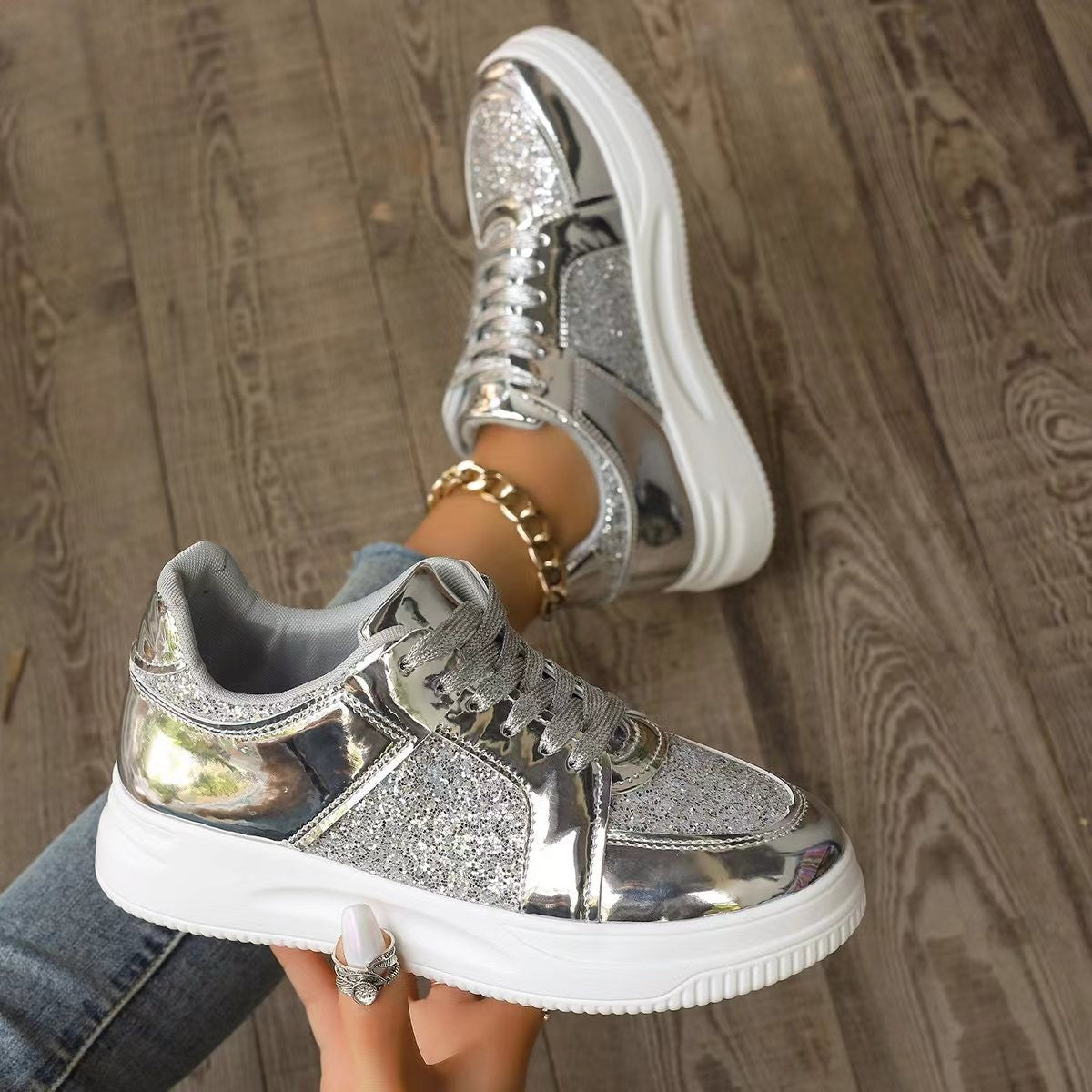 Stylish Lace-Up Sequin Flats: Casual Sports Shoes for Women with Thick Bottom and Non-Slip Design – Perfect for Effortless Walks A&S Collection