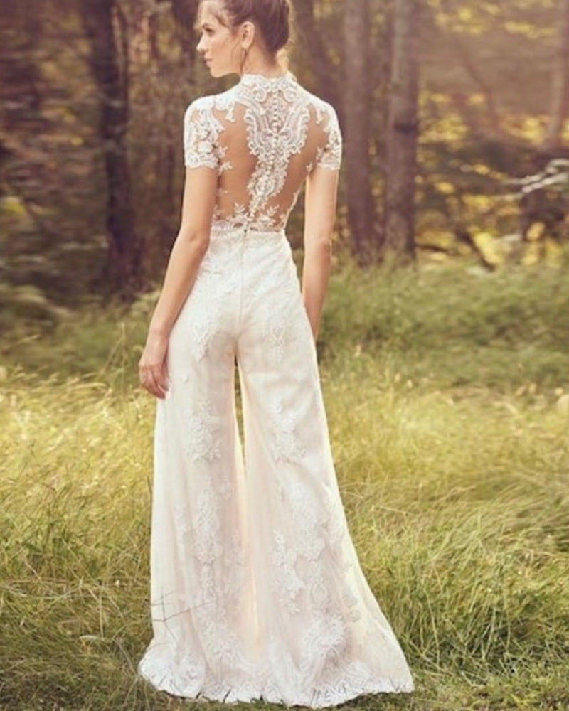 Bride Pants Suit Wedding Bridal Gowns Short Sleeve Jumpsuit A&S Collection