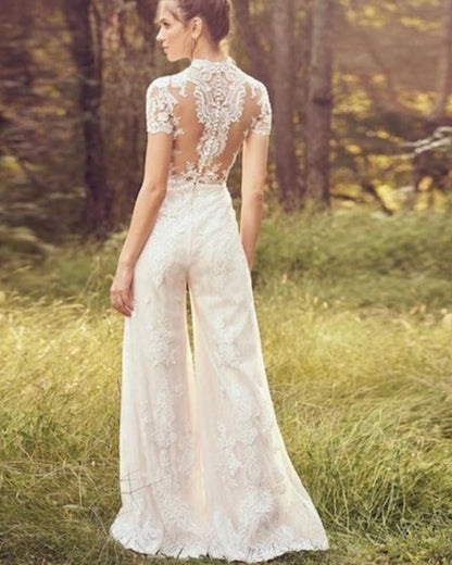 Bride Pants Suit Wedding Bridal Gowns Short Sleeve Jumpsuit A&S Collection