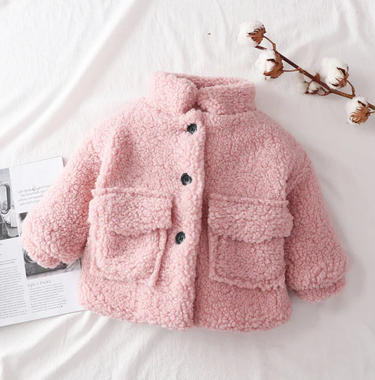 Cozy pink baby jacket with black buttons, perfect for a stylish and warm look A&S Collection