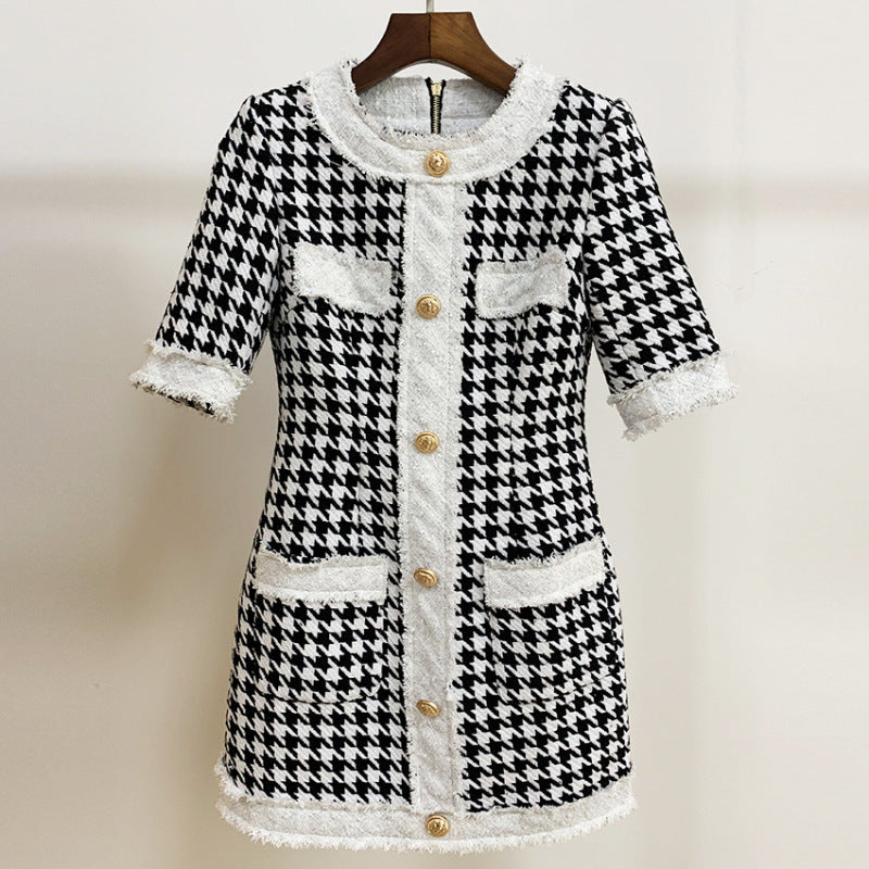 Autumn/winter new European and American trade star temperament round collar lion buckle beard edge tweed plaid dress A&S Collection