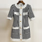 Autumn/winter new European and American trade star temperament round collar lion buckle beard edge tweed plaid dress A&S Collection