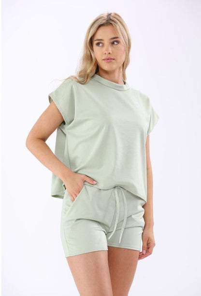 Women's Solid Color Short Sleeve Leisure Suit - Stylish Lace-Up Drawstring Design for Everyday Comfort CJ