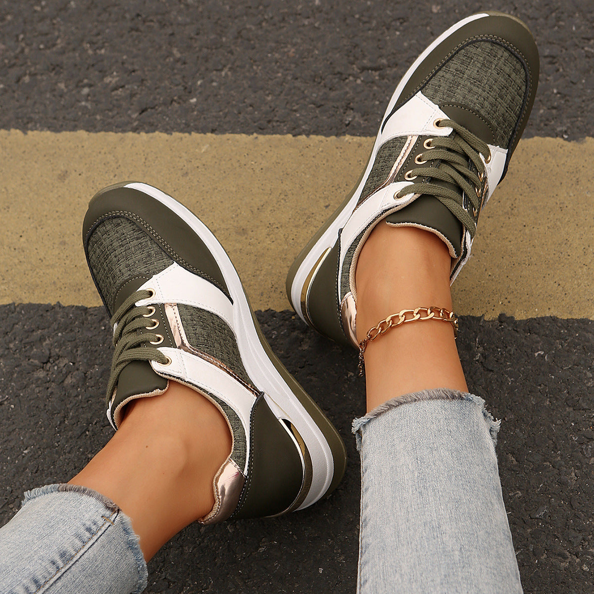 Chic Colorblock Lace-Up Sneakers: Fashionable, Thick-Soled Casual Sports Shoes for Women - Round Toe Slip-On Comfort A&S Collection