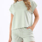 Women's Solid Color Short Sleeve Leisure Suit - Stylish Lace-Up Drawstring Design for Everyday Comfort CJ