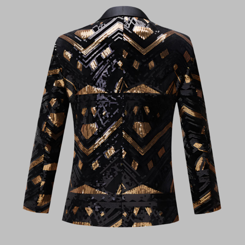 This slim-fit blazer, adorned with gold and silver sequins, features a sleek, single-button closure and a sophisticated satin shawl lapel. A&S Collection