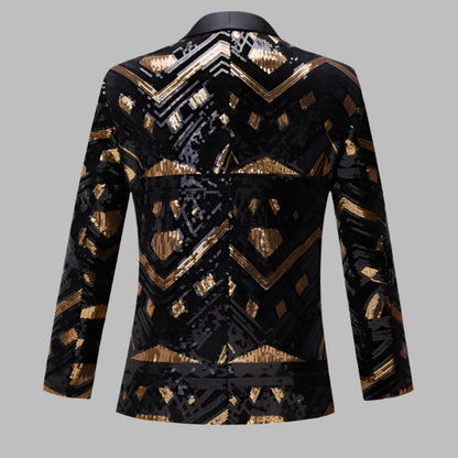 This slim-fit blazer, adorned with gold and silver sequins, features a sleek, single-button closure and a sophisticated satin shawl lapel. A&S Collection