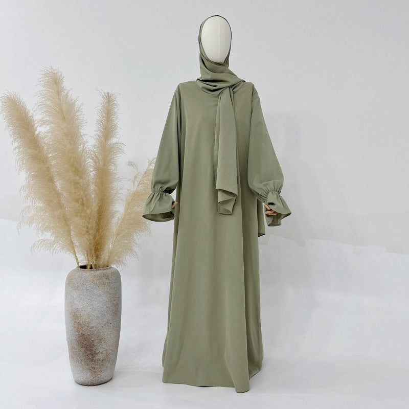 All flared sleeve dress- This elegant, long-sleeved dress features a sophisticated high neck with a draped scarf detail, perfect for a refined look. A&S Collection