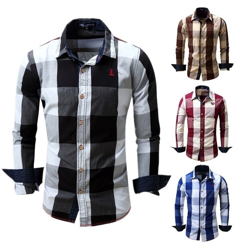 Foreign trade new European and American men's leisure long sleeve shirt plaid patchwork shirt casual fashion shirt A&S Collection