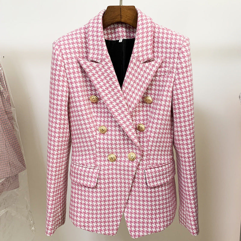 European and American star fashion double breasted lion button pink plaid wool trim suit jacket A&S Collection