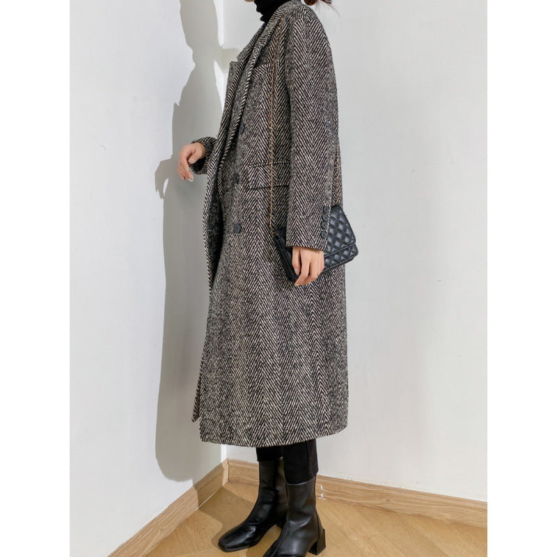 Dongdaemun herringbone gray wool coat women's new autumn and winter suit collar wool coat A&S Collection
