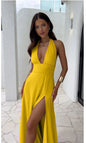Sexy Halterneck V-neck Slit Dress Summer Backless Strappy Skirt Fashion Temperament Clothing Women CJ