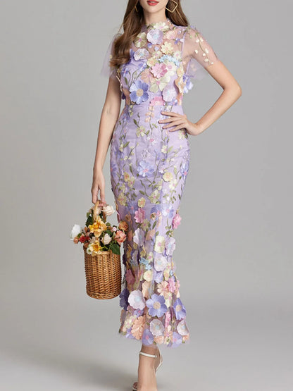 Floral Embroidered Mesh Overlay Maxi Dress.