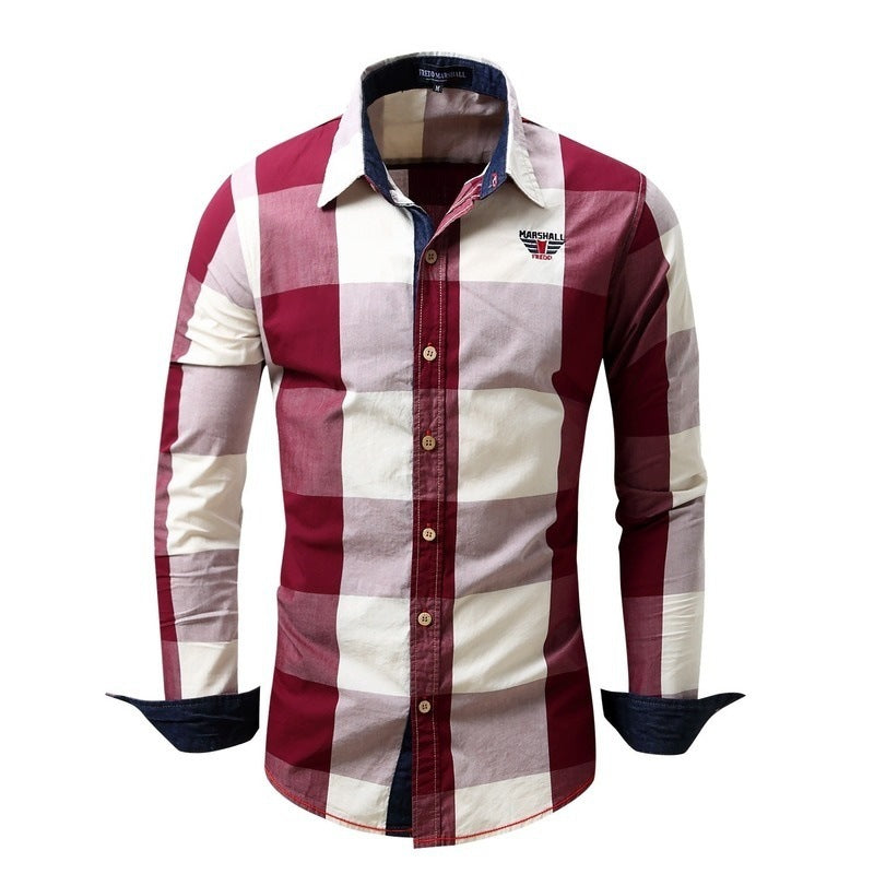Foreign trade new European and American men's leisure long sleeve shirt plaid patchwork shirt casual fashion shirt A&S Collection