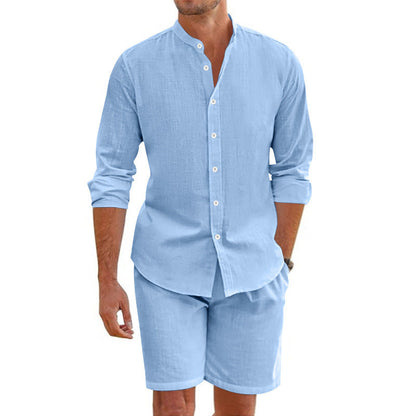 Summer Short Shirt Suit Fashion Lapel Button Down Short Sleeve Top And Drawstring Shorts Beach Clothing For Men A&S Collection