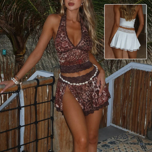 Lace Halter Deep V-neck Suits Fashion Split Skirt Summer Beach Leopard Set For Women Clothing CJ