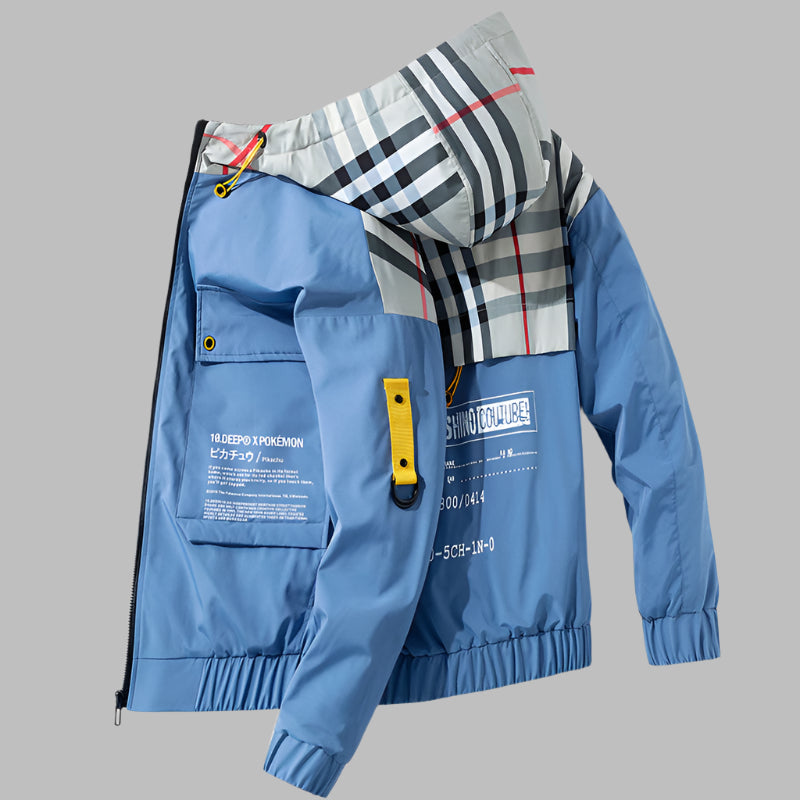 This men's autumn jacket features a hood with a plaid pattern, multiple pockets, and printed text, offering a stylish and loose fit for casual wear A&S Collection