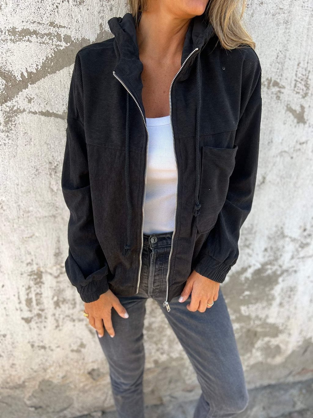 Corduroy Hooded Zip-up Jacket With Pockets Fashion Casual Drawstring Tops Outerwear Women's Clothing CJ