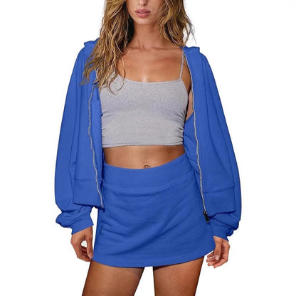A two-piece set of a solid color long-sleeved hooded sweatshirt with a ribbed hem and a zipper Hypersku