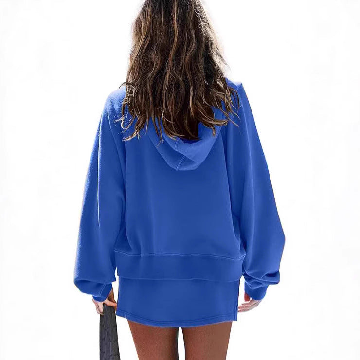 A two-piece set of a solid color long-sleeved hooded sweatshirt with a ribbed hem and a zipper Hypersku