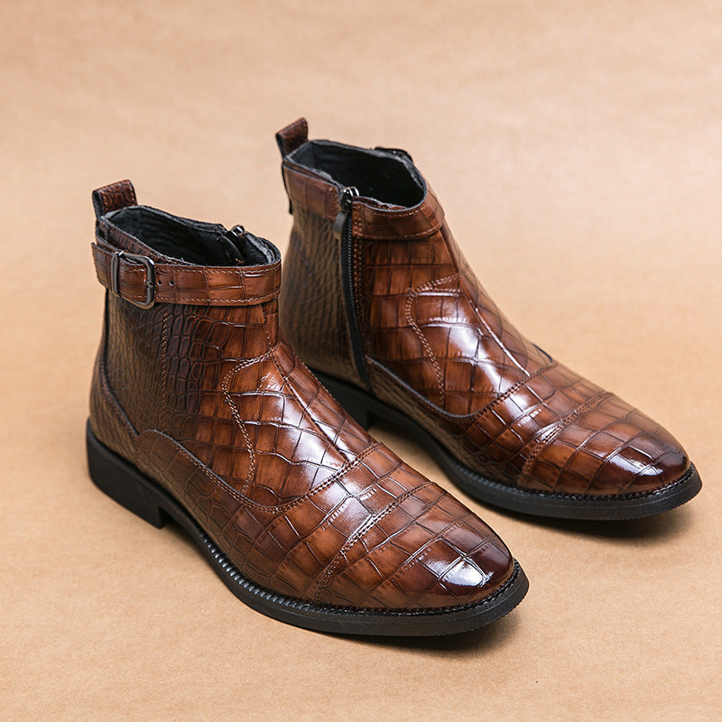Men's Crocodile Pattern Boots Fashion Pointed Toe Low Square Heel Buckle Zipper Ankle Boots Business Formal Leather Shoes A&S Collection